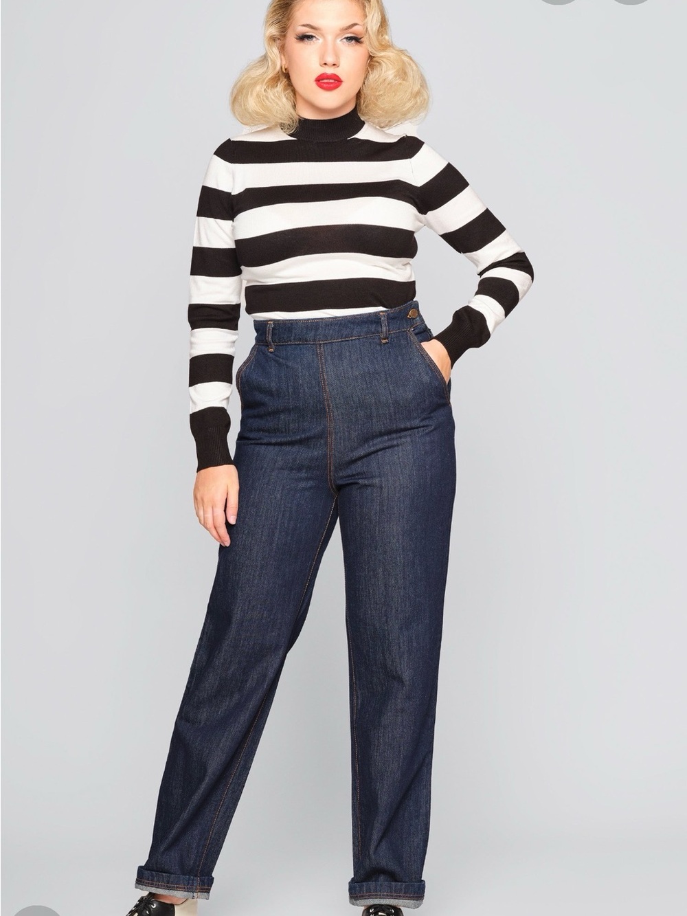Collectif Dark Navy Denim side zip retro cuffed jeans